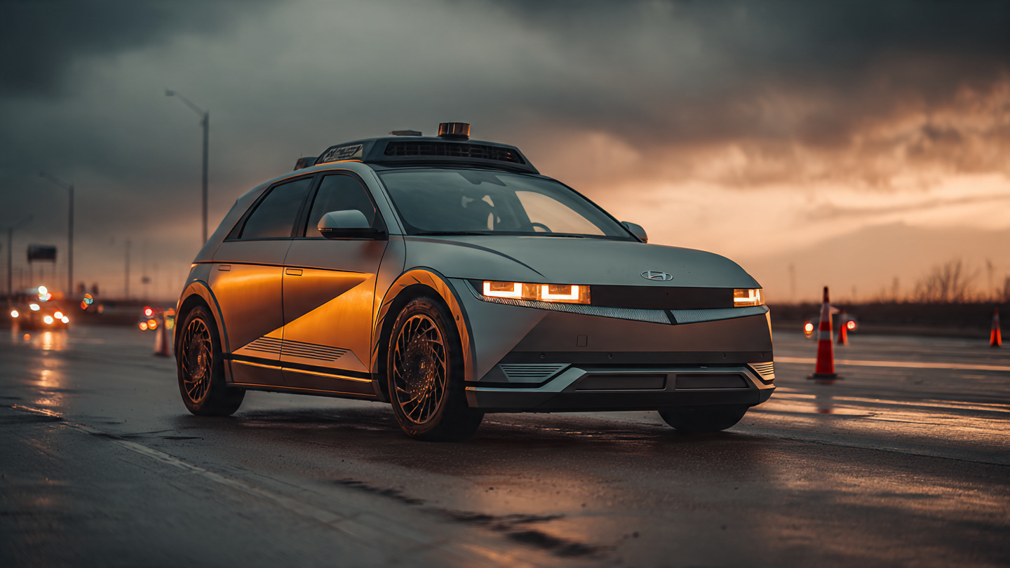 An autonomous Hyundai Ioniq 5 robotaxi with lidar sensors stopped at an angle on a Dallas highway at dusk with emergency lights in the background