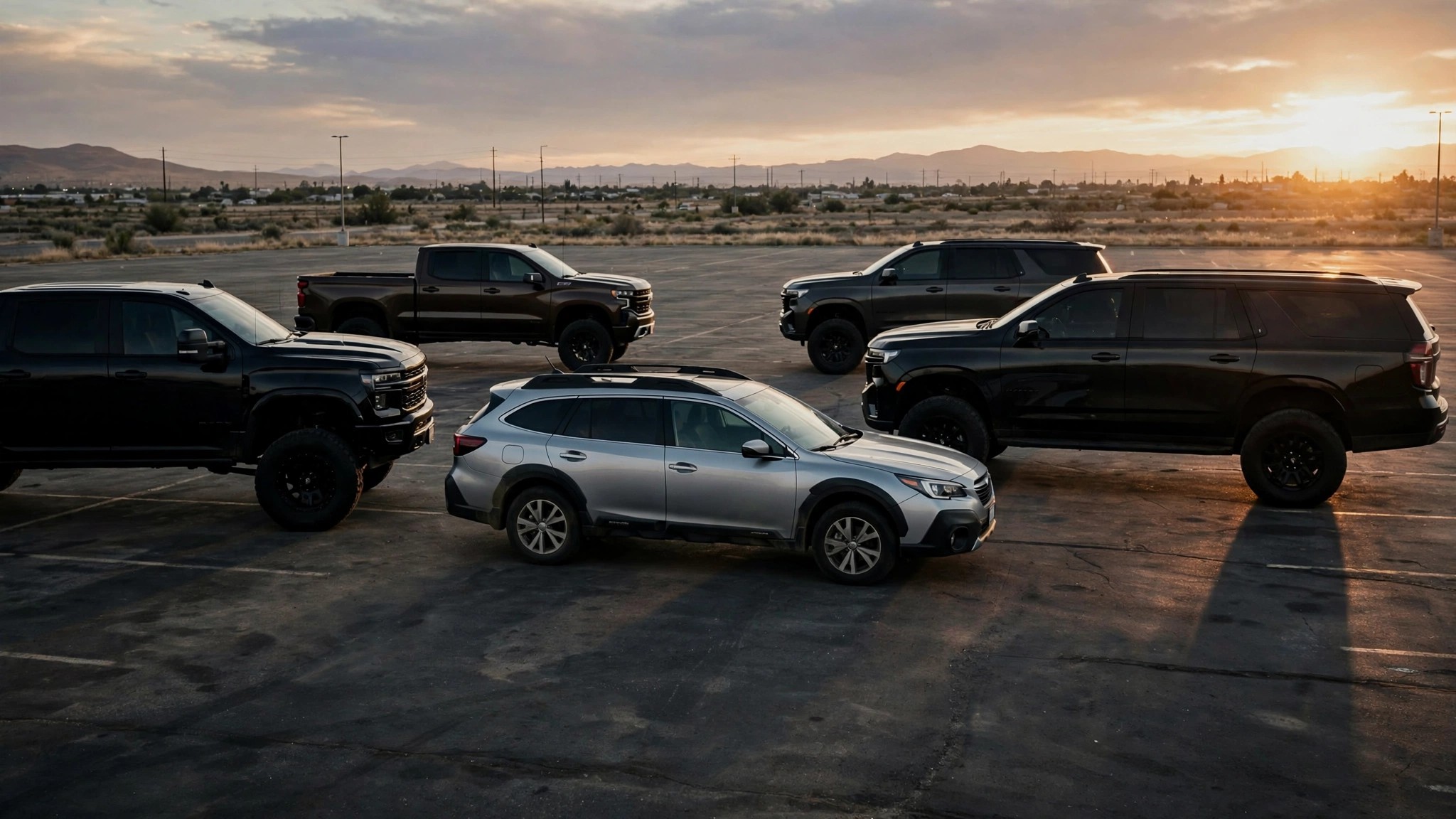 A station wagon dwarfed by SUVs and pickups in a parking lot