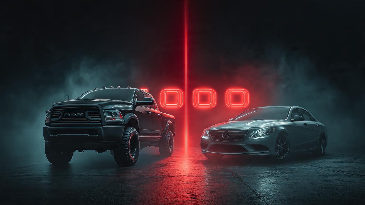 Split composition showing a massive pickup truck and a small sedan with dramatic lighting