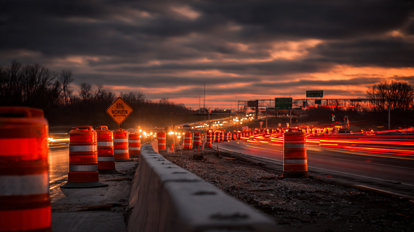 Highway work zone at dusk with orange cones and brake lights