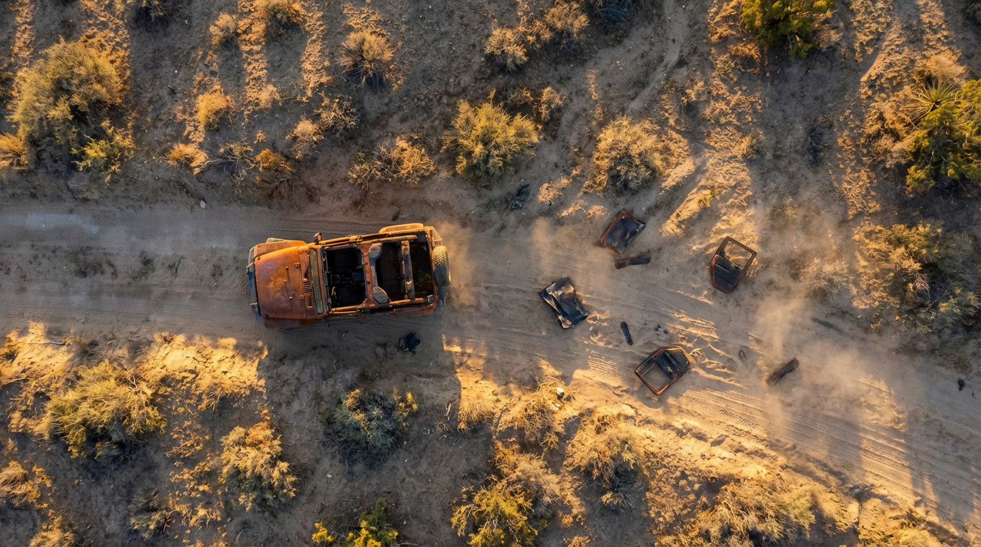 A Jeep Wrangler flipped on its roof on a dusty desert trail road at golden hour