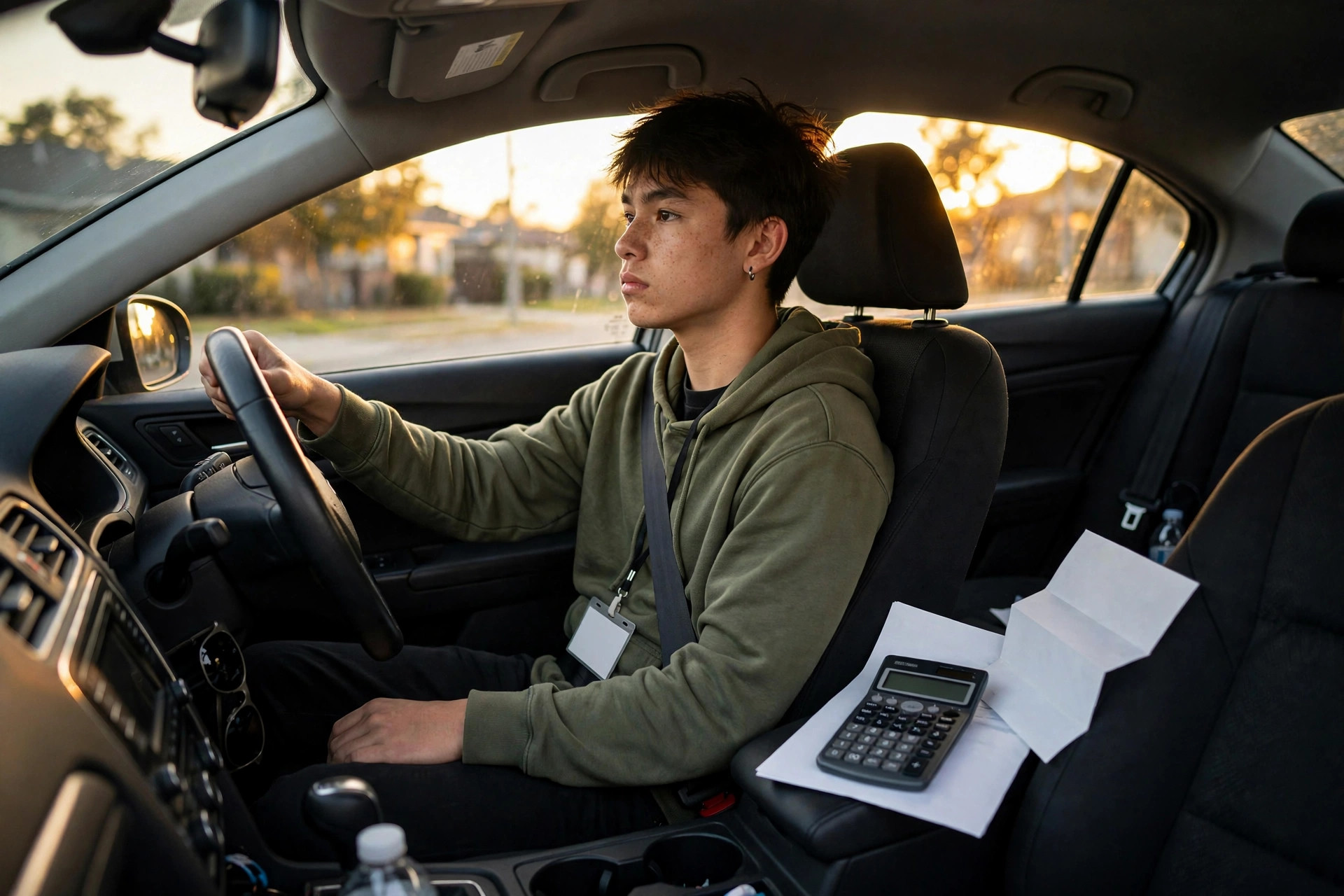 A teenage driver behind the wheel at golden hour, with an insurance bill and calculator on the passenger seat