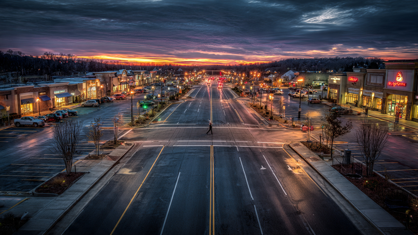 A wide arterial road lined with strip-mall parking lots and no sidewalks, with a lone pedestrian crossing multiple lanes to reach a pharmacy